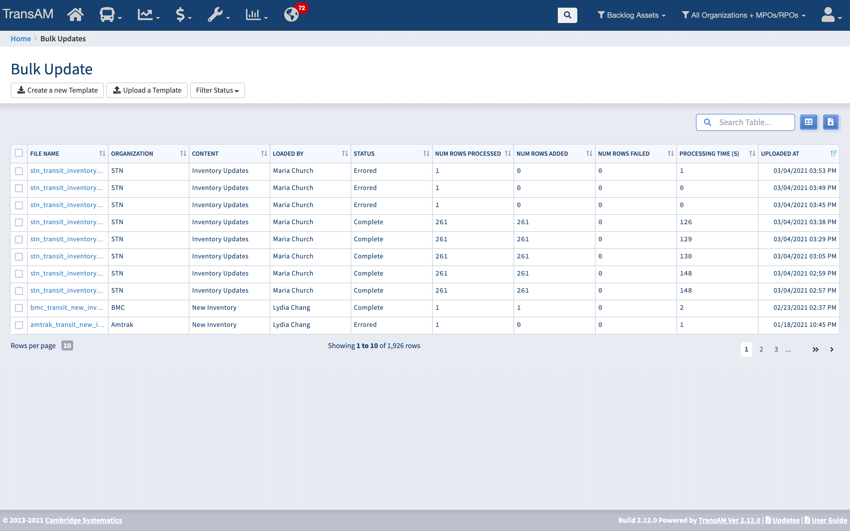 A screenshot of the TransAM platform, showing the Bulk Updates page.