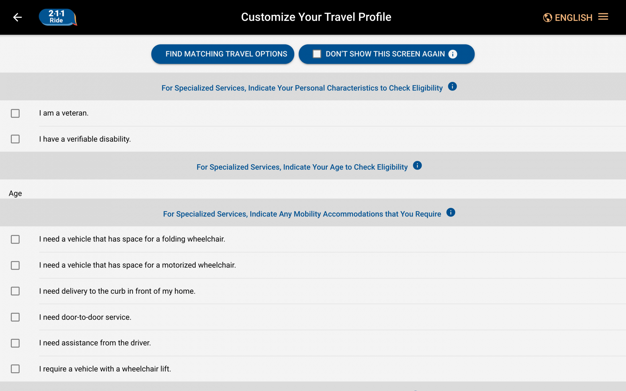 Every rider has a customized profile that indicates their needs, preferences and human services program eligibility. 1-Click will output trips that meets the rider’s circumstances.